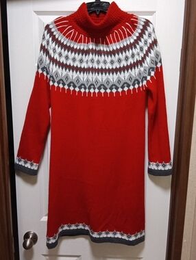 Fobya Size L/XL Red Long Sleeve Knit Sweater Dress with Fair Isle Motif